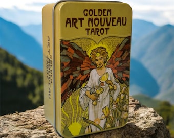 Golden Art Nouveau Tarot Deck in Tin Box – 78 Gilded Cards with Vintage Design
