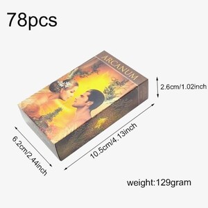 May include: A rectangular tarot card deck box with the word "ARCANUM" on the top. The box features an illustration of a couple. The dimensions are 4.13 inches long, 2.44 inches wide, and 1.02 inches high. The deck weighs 129 grams and contains 78 pieces.