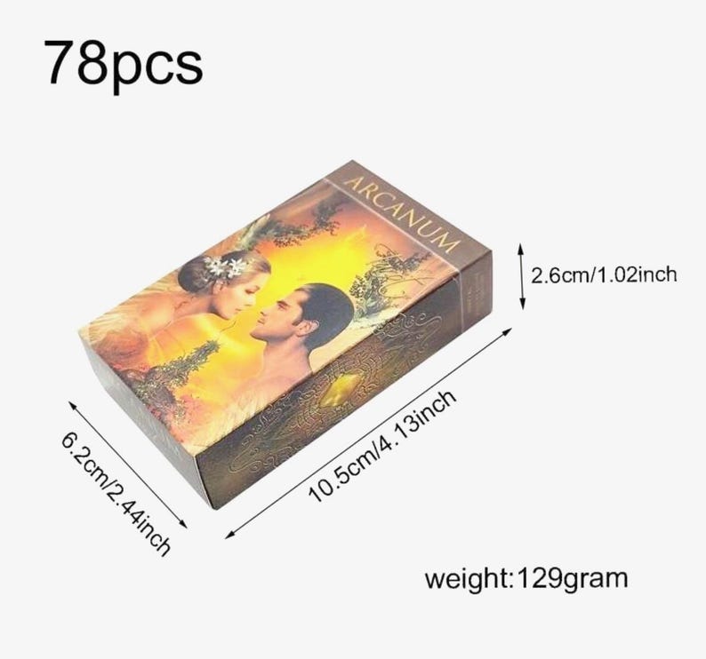 May include: A rectangular tarot card deck box with the word "ARCANUM" on the top. The box features an illustration of a couple. The dimensions are 4.13 inches long, 2.44 inches wide, and 1.02 inches high. The deck weighs 129 grams and contains 78 pieces.