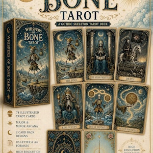 Op de afbeelding: Een Whispers of Bone tarotkaartenset met 78 geïllustreerde kaarten met skeletafbeeldingen. De set bevat een doos, individuele kaarten zoals The Fool, The High Priestess, Death, King of Cups, Two of Pentacles en Ace of Pentacles, plus twee ontwerpen voor de achterkant van de kaarten in een digitaal formaat met hoge resolutie.
