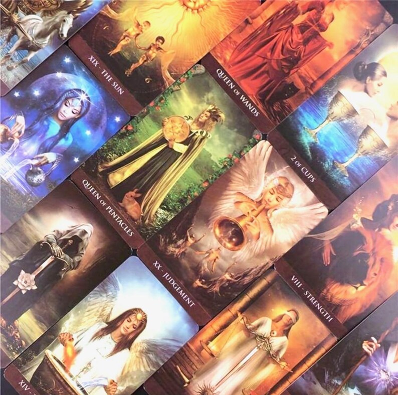 May include: A collection of tarot cards featuring various illustrations and titles. The cards display images of figures, angels, and symbols, including "The Sun," "Queen of Wands," and "2 of Cups." The color palette includes warm tones of gold, orange, and brown.