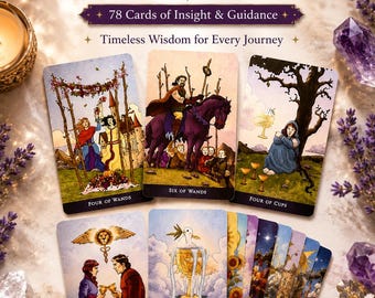 May include: A mini tarot deck featuring 78 cards with colorful illustrations. The cards display scenes like the Four of Wands, Six of Wands, Four of Cups, Two of Cups, and Ace of Cups. Text on the box reads Mini Tarot Deck, 78 Cards of Insight & Guidance, Timeless Wisdom for Every Journey, Perfect Pocket Size, 78 Beautifully Illustrated Cards, and For Beginners & Collectors.