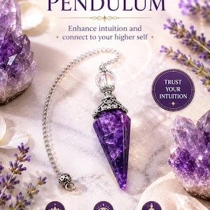May include: An amethyst pendulum featuring a pointed purple crystal attached to a silver-toned metal chain. The text reads AMETHYST PENDULUM, Enhance intuition and connect to your higher self, TRUST YOUR INTUITION, Deepen Intuition, Promote Clarity, Support Spiritual Growth, A Powerful Tool for Divination, Healing & Guidance.