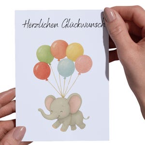 Carte d'anniversaire, idée cadeau, éléphant, ballons, téléchargement, impression, modèle numérique, bébé, enfant, naissance, impression PDF