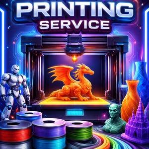 May include: A vibrant digital illustration promoting 3D printing services. The image features a 3D printer, a robotic figure, a dragon, and various 3D-printed objects. Colorful filament spools and the text "3D PRINTING SERVICE" are also visible.