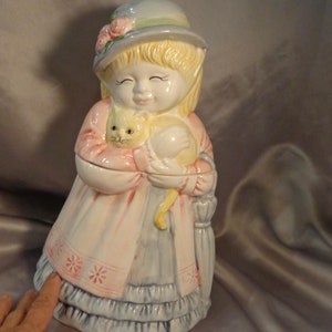 KITTY GIRL COOKIE Jar - 12&quot;H x 7 3/4&quot;W x 7&quot; Deep - Ceramic Hand Painted    Girl with Kitty in her arms Cookie Jar -