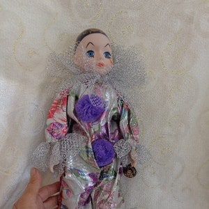 CLOWN MIME doll - 15 1/2 &quot; Porcelain Pierrot Mime Clown Doll - Dressed in Floral Silver Lame  - By Brinn 1991