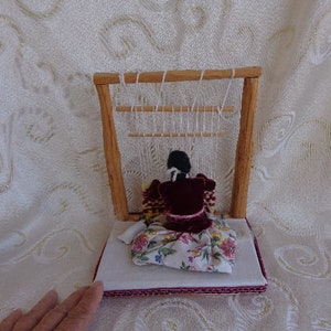 NAVAJO WEAVING FIGURINE - Navajo  Weaving Woman - Navajo Woman at Weaving Loom with Baby - Unsigned