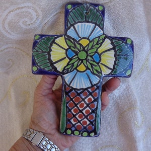 MEXICAN CLAY CROSS - Hand Painted Red Clay Wall Cross - 7&quot;H x 5 1/4&quot;W x 1/2&quot;D - Hand Made and Painted Red Clay Mexican Cross