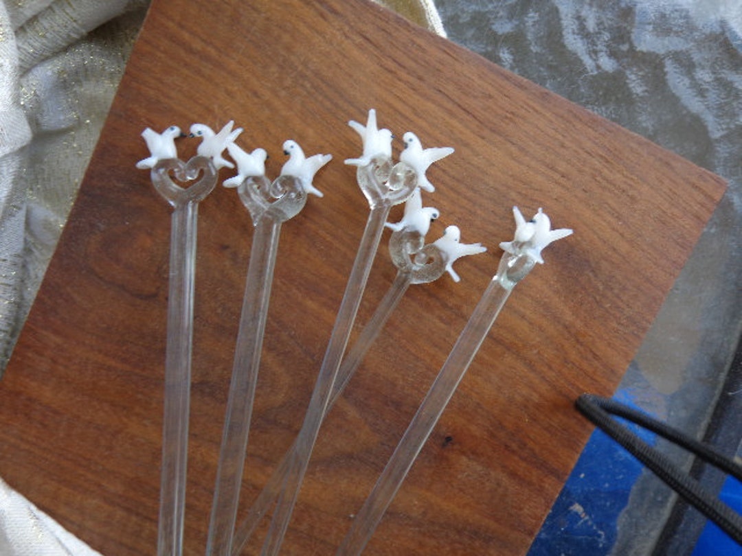 5 BLOWN GLASS STIRRERS 8 1/4h Set of Vintage Handblown Glass Swizzle