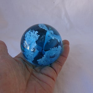 TURQUOISE GLASS PAPERWEIGHT - by Firozabad - 2 1/2&quot; Turquoise Glass Paperweight - Turquoise Glass Paperweight with Lacy Flower Trumpets -