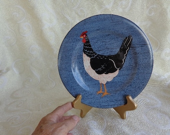 BLACK and WHITE CHICKEN - Blue Warren Kimble Plate - 8" - from Country Quartet Series - Hen on Blue Background 2000's Salad/Dessert Plate