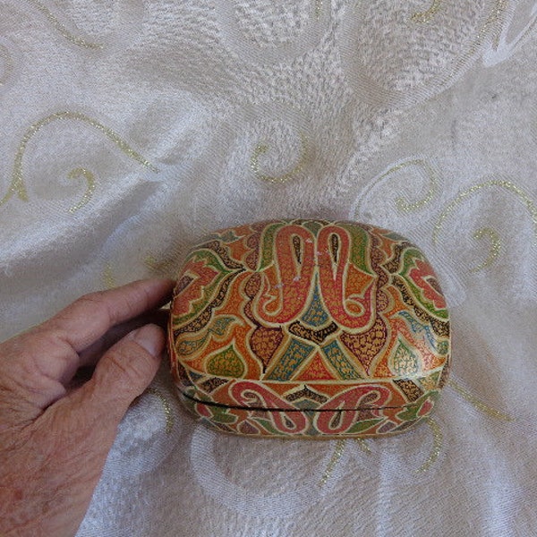 VINTAGE TRINKET BOX - 2 1/4"H x 4 3/4"L x 3 3/4"D - Vintage Hand Painted Paisley Trinket Box with black interior and bottom