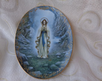 OUR LADY of LOURDES 1994 Plate - Hector Garrido signed First Issue Oval Plate from "Visions of our Lady" Series with Prayer on Back