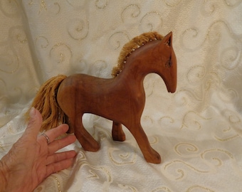 CARVED WOODEN HORSE - Folk Art Rustic 10"H x 3"W x 12"L - Vintage Hand Carved Wooden Horse with Jute Mane and Tail