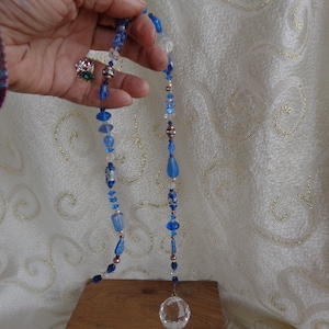 CRYSTAL WINDOW BEADS - 21&quot;L - Blue and White Hanging Glass Beads  and Rhinestones with 1&quot; Teardrop Crystal at Bottom