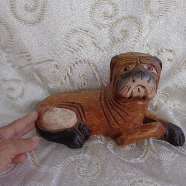 CARVED WOODEN DOG - 6" H x 11 1/4"L x 4 1/2"W - Hand Carved and Painted Wood Chinese Dog Figurine