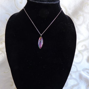DICHROIC GLASS 16&quot; PENDANT - Fused Glass Pendant - Multicolor Glass - Magenta/Green/Gold fused glass on sterling plate chain