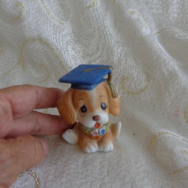 GRADUATION PUPPY FIGURINE - 2 1/2" H x 2"W - Ceramic Pup with Graduation Cap and Floral Necklace "#856" on bottom