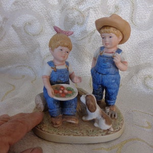 DENIM DAYS - &quot;Summer Harvest&quot;#1507- 5 1/4&quot;H x 3 1/2&quot;D x 4 7/8&quot;W- Little Denim Boy and Girl with Puppy and Beets - 1985 by HOMCO