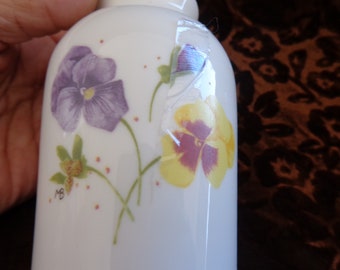 MARJOLIEN BASTIN PANSY Vase -  6" -Pansies on Milk Glass Vase- Floral Vase- Mini Vase - Pansy Vase - Hallmark Vase
