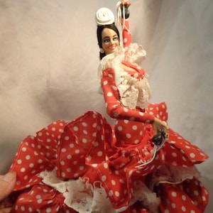 MARIN CHICLANA SPANISH Dancer Doll - 11&quot; H - Red Gown w/Red and White Polka Dot Ruffles trimmed in white lace   Castanets and built in stand
