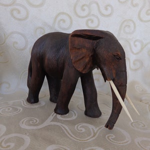 LARGE BULL ELEPHANT -Resin Tusks - 8 3/4&quot;H x 13&quot;L x 5&quot;W - Large Resin Elephant - Carved Wood Appearance - Detailed Skin