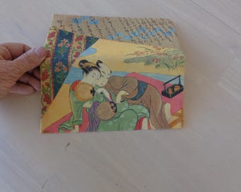 Oriental Wallet or coupon holder - Oriental design made of Cardboard type material with cloth or paper covering Man and woman with fans