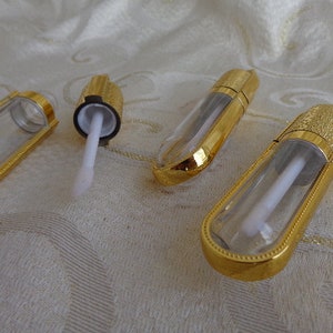 3 LITTLE PLASTIC VIALS Screw Lid and Wand- 4&quot;H x 5/8&quot;D - Gold Tone Screw on Top with Wand Inside for Liquid