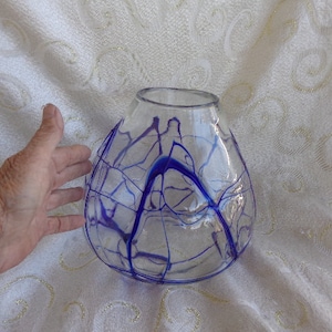 STRIPED BLOWN GLASS Vase - 7 1/2&quot;H x 8 3/4&quot;D Base x 3 1/2&quot;D Lip - Heavy Blown Glass Cobalt Streaked Large teardrop Vase