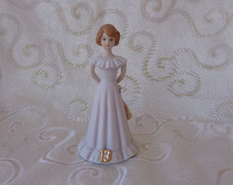 13th  GROWING UP GIRL- Enesco 13 Year Old Growing Up Birthday Girl -6 1/8&quot; Pink Dress 1981  Porcelain Lt Brown Hair 13 Yr Old Birthday Girl