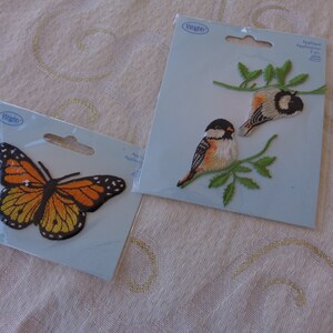 CHICKADEE AND BUTTERFLY Applique Patches - Wrights Iron-On Patches - One 3" Monarch Butterfly - Two  3" Chickadees