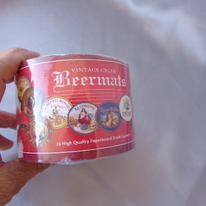 COASTER/BEERMATS 26 PC Set in Container - Set of 26 Various Cigar Ad  3 5/8" Beer Mats for Use or Crafting - In Sealed Cardboard Container
