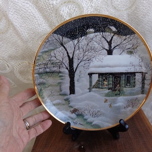 MOONLIGHT VISITORS PLATE - 8 1/4&quot;D - 1992 Gold Trimmed Bunnies Visiting Cabin in Winter Plate - Signed and Numbered - Franklin Mint Plate