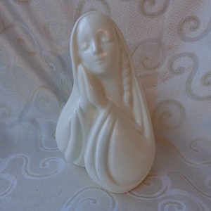 PRAYING MADONNA 9&quot; PLANTER  -Opening in Back for Flower Arrangement or Small Plant - Creamy  White Ceramic -  Christian Catholic Figurine