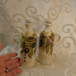 OLIVE OIL/VINEGAR Decanter Pair - 7&quot;H x 2 1/2&quot;W - Hand Painted Decanter Pair with Ceramic Cork Lids for Olive Oil and Vinegar &quot;Olive Grove&quot;