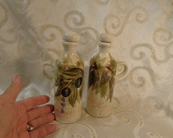 OLIVE OIL/VINEGAR Decanter Pair - 7"H x 2 1/2"W - Hand Painted Decanter Pair with Ceramic Cork Lids for Olive Oil and Vinegar "Olive Grove"