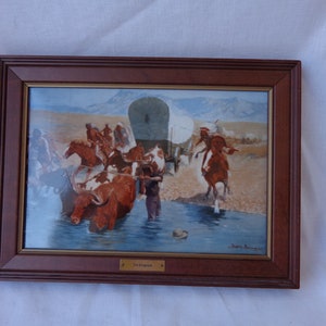 REMINGTON TILE ART  - 10&quot; x 13 3/4&quot; - The Emigrants - Frederick Remington Museum/ Franklin Mint - Porcelain Tile Remington Print 1985
