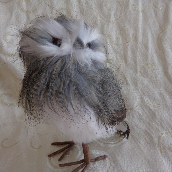 FURRY FEATHERED OWL - Stuffed Gray, Brown and White Owl - 8 1/2" Tall - Stand on his Own Two Feet and Tail - For Display