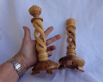 BARLEY TWIST WOOD Pair of Hand-Made Taper Candle Holders - Hand Turned Wood Candles - Combination Wood Turned Candlesticks