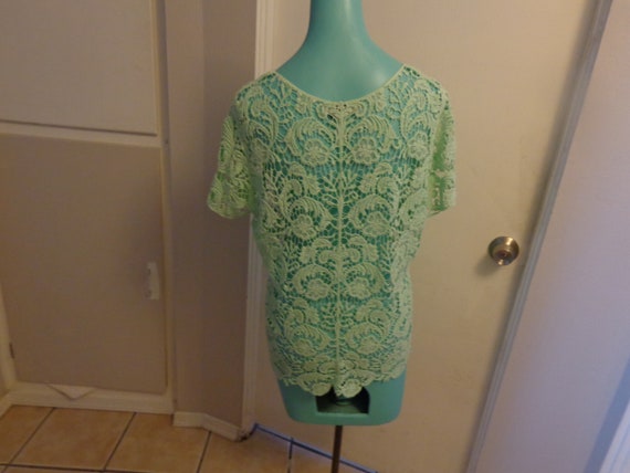 Mint Green Crochet Lace Button Down Top with Cap … - image 4