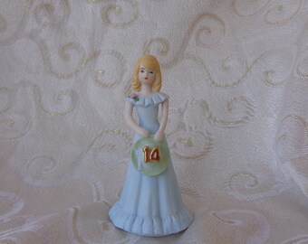 14th GROWING UP GIRLS - Enesco 14 Year Old Growing up Birthday Girl - 6 5/8 &quot; Blue Dress 1982 Porcelain Blonde Hair 14 Yr Old Birthday Girl