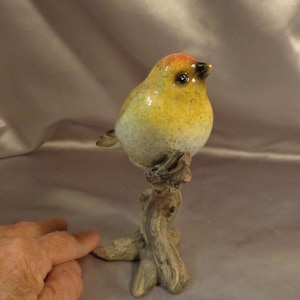 YELLOW FINCH on BRANCH Figurine - 5 1/2&quot;H x 4 1/2 &quot;L x 2 1/2&quot;W - Yellow Breasted Finch with Rosy cap sits  on Branch - Hand Painted