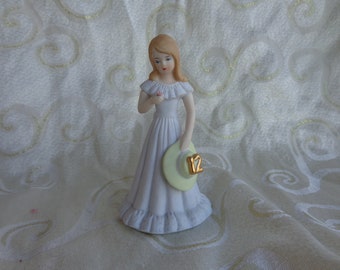 12th GROWING UP GIRLS - Enesco 12 Year Old Growing up Birthday Girl - 5 1/2 &quot;Violet Dress 1982 Porcelain Brown Hair 12 Yr Old Birthday Girl
