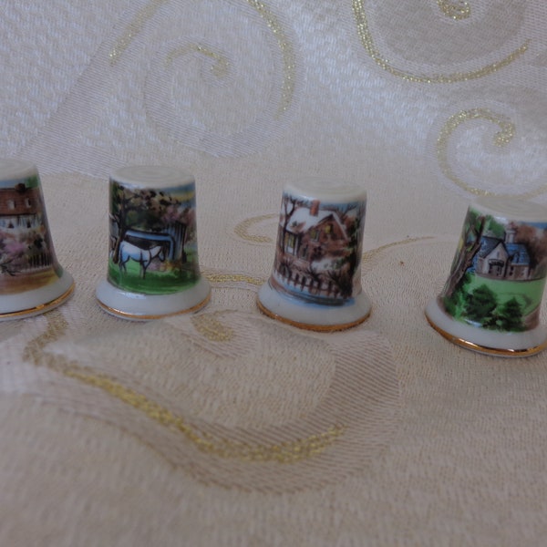 FOUR COLONIAL FARM Scene Thimbles Gold trimmed