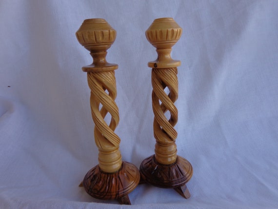 BARLEY TWIST WOODEN Candle Stand Pair = Barley Twist Design Hand-Made Taper Candle Holders -