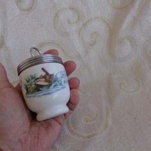 ROYAL WORCESTER  3 1/2&quot; 1970&#39;s BIRDS Design  Egg Coddler&quot; w/Stainless Lid - Two Blue Birds on Branch and Titmouse on other side