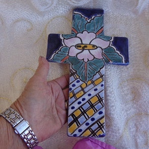 MEXICAN CLAY CROSS - Hand Painted Red Clay Wall Cross - 9&quot;H x 5 3/4&quot;W x 1/2&quot;D - Hand Made and Painted Red Clay Mexican Cross
