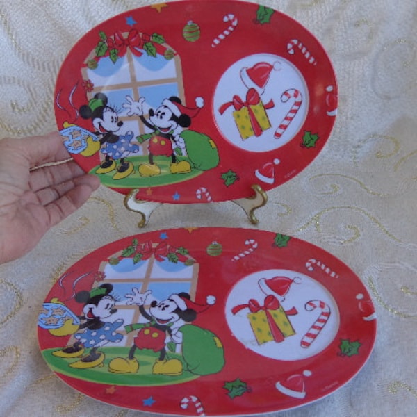 MICKEY MOUSE PLATES Pair - J C Penny Melmac Christmas Plates - 9 1/4" x 6"H - Vintage Pair Oval Melmac Disney Mickey Mouse Christmas Plates