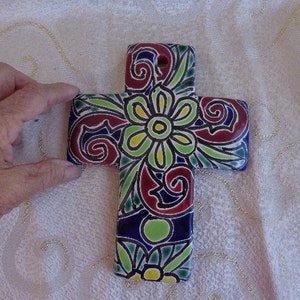 MEXICAN CLAY CROSS - Hand Painted Red Clay Wall Cross - 7&quot;H x 5 1/2&quot;W x 1/2&quot;D - Hand Made and Painted Red Clay Mexican Cross